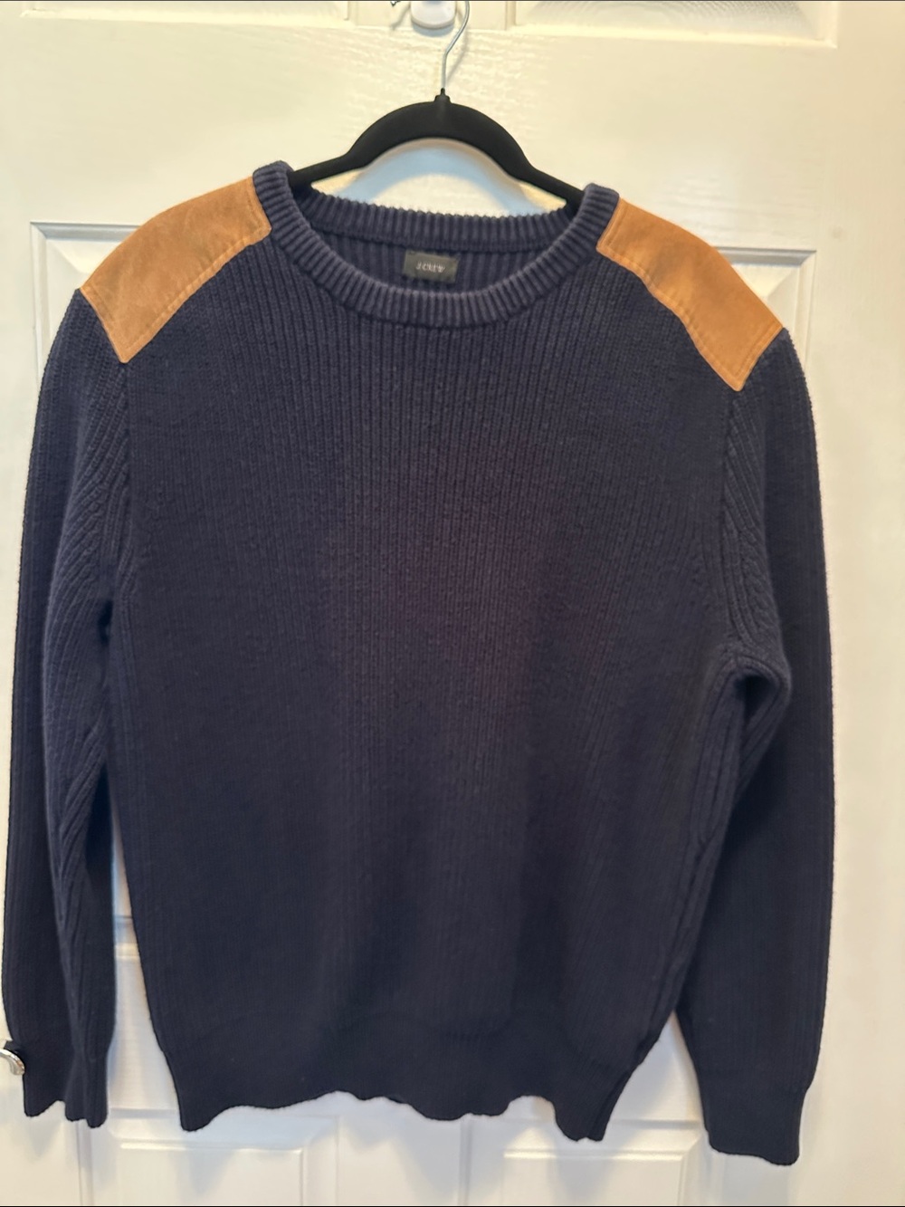 J. Crew 100% Cotton Navy Crewneck Sweater with Tan Suede Shoulder Patches